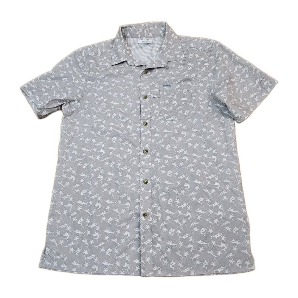 Columbia PFG Button Up Mens Small Marlin Fish Print Short Sleeve Fishing Outdoor